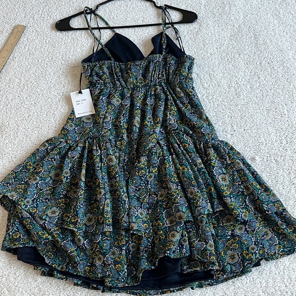 JAPNA Blue Floral Drop Waist Ruffle Hem Mini Sleeveless Boho Dress Sz Small - Picture 7 of 9